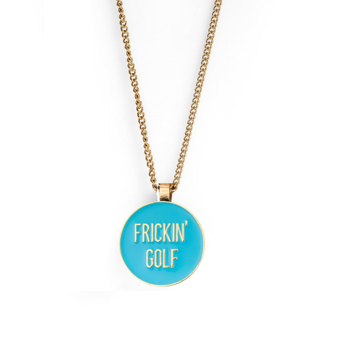 Ball Marker Necklaces in Gold/Blue Women's Golf Ball Marker Necklace with "Frickin' Golf" Marker by Birdie Girl Golf