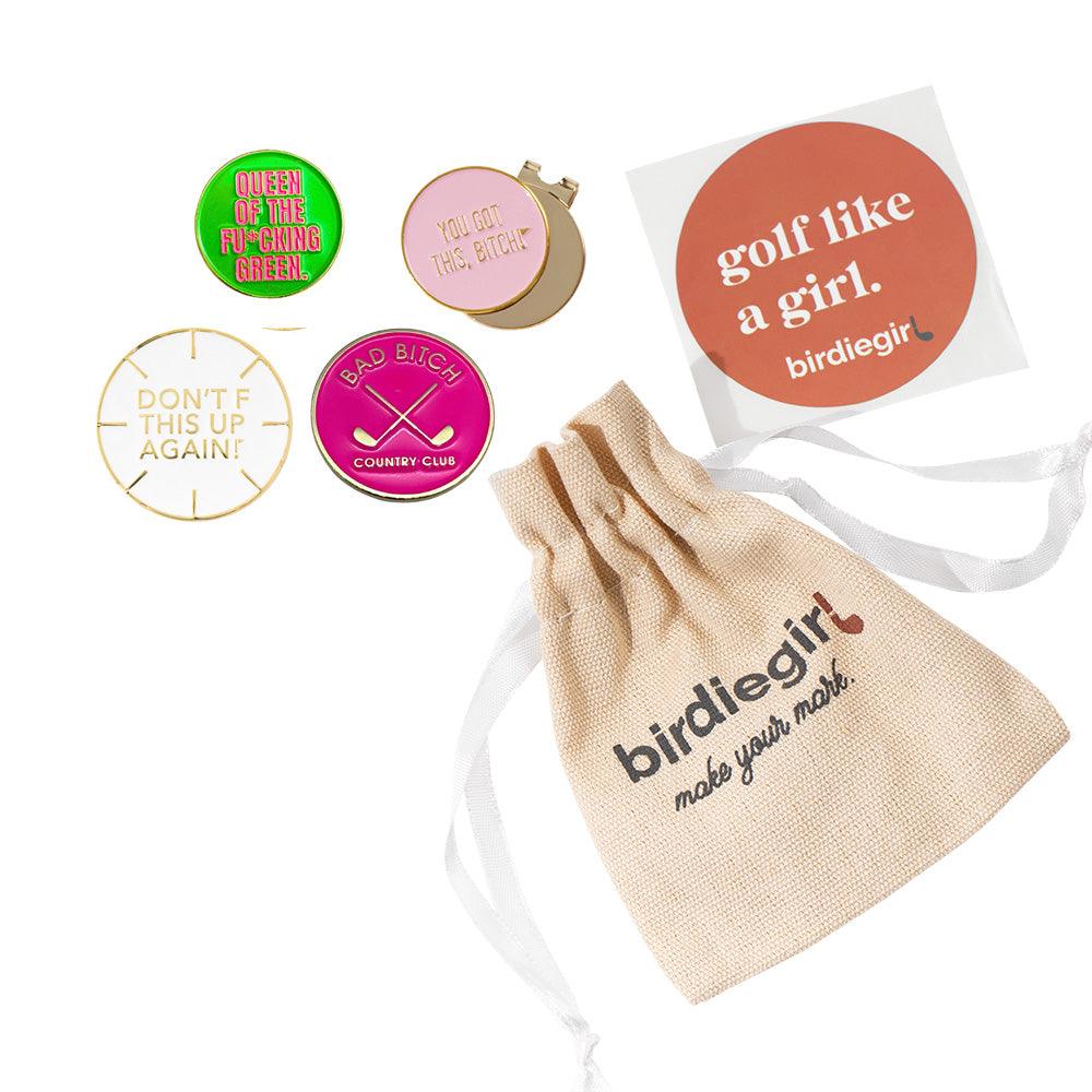Golf Ball Markers in Feisty Women's Golf Ball Marker Collection (set of 4) with Hat Clip by Birdie Girl Golf