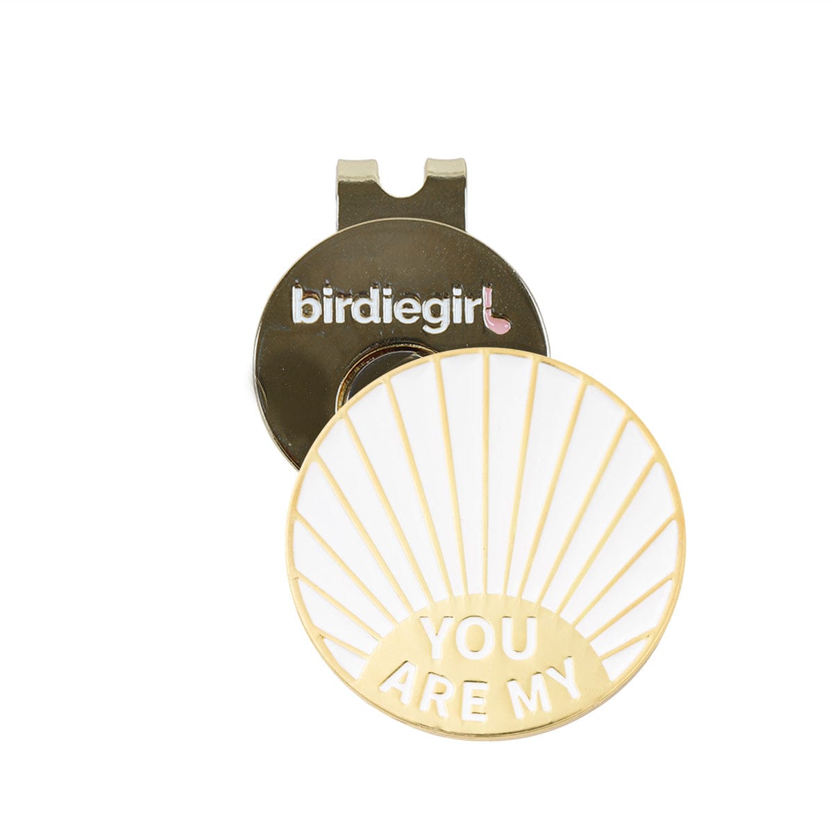 Golf Ball Markers in Gold and White You are My Sunshine Alignment Golf Ball Marker with Hat Clip by Birdie Girl Golf