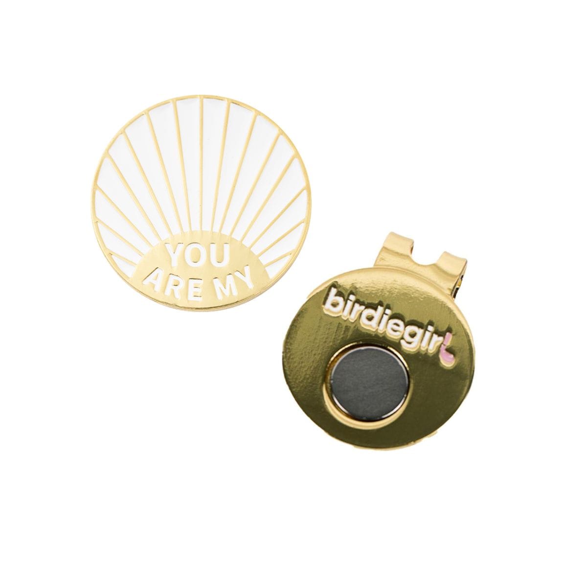 Golf Ball Markers in Gold and White You are My Sunshine Alignment Golf Ball Marker with Hat Clip by Birdie Girl Golf