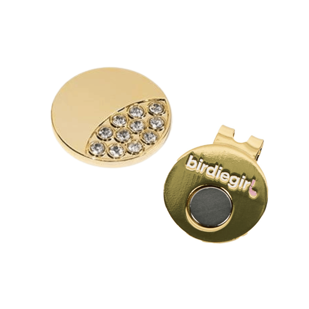 Golf Ball Markers in Gold Half Moon Crystal Women's Golf Ball Marker with Hat Clip by Birdie Girl Golf