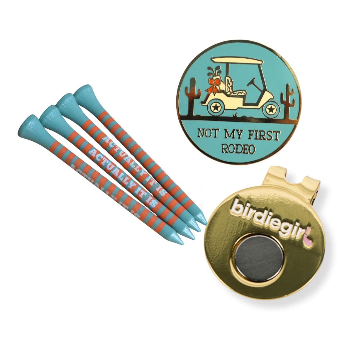 Golf Ball Markers in Not My First Rodeo Ball Marker + Hat Clip + Tee Set by Birdie Girl Golf