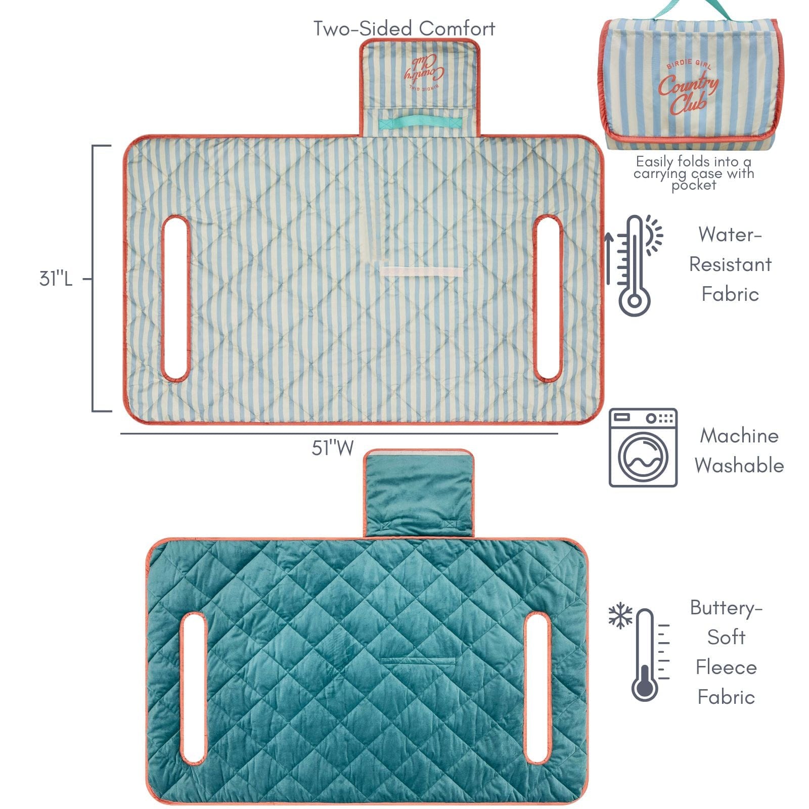 Golf Cart Seat Covers in Country Club Stripe Reversible Golf Cart Seat Cover (Blue Stripe + Coral Trim) by Birdie Girl Golf