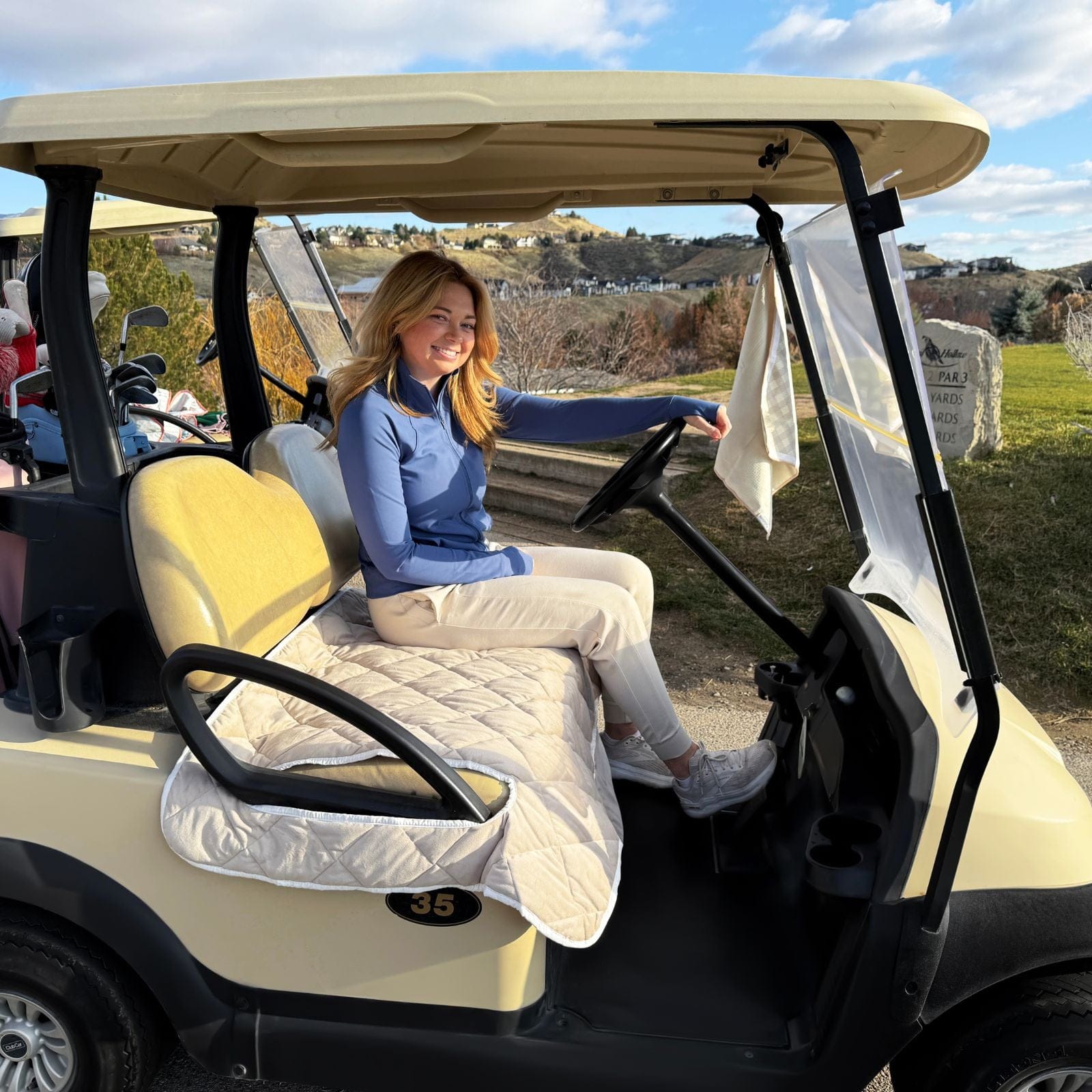 Golf Cart Seat Covers in Gingham Neutral Golf Cart Seat Cover by Birdie Girl Golf