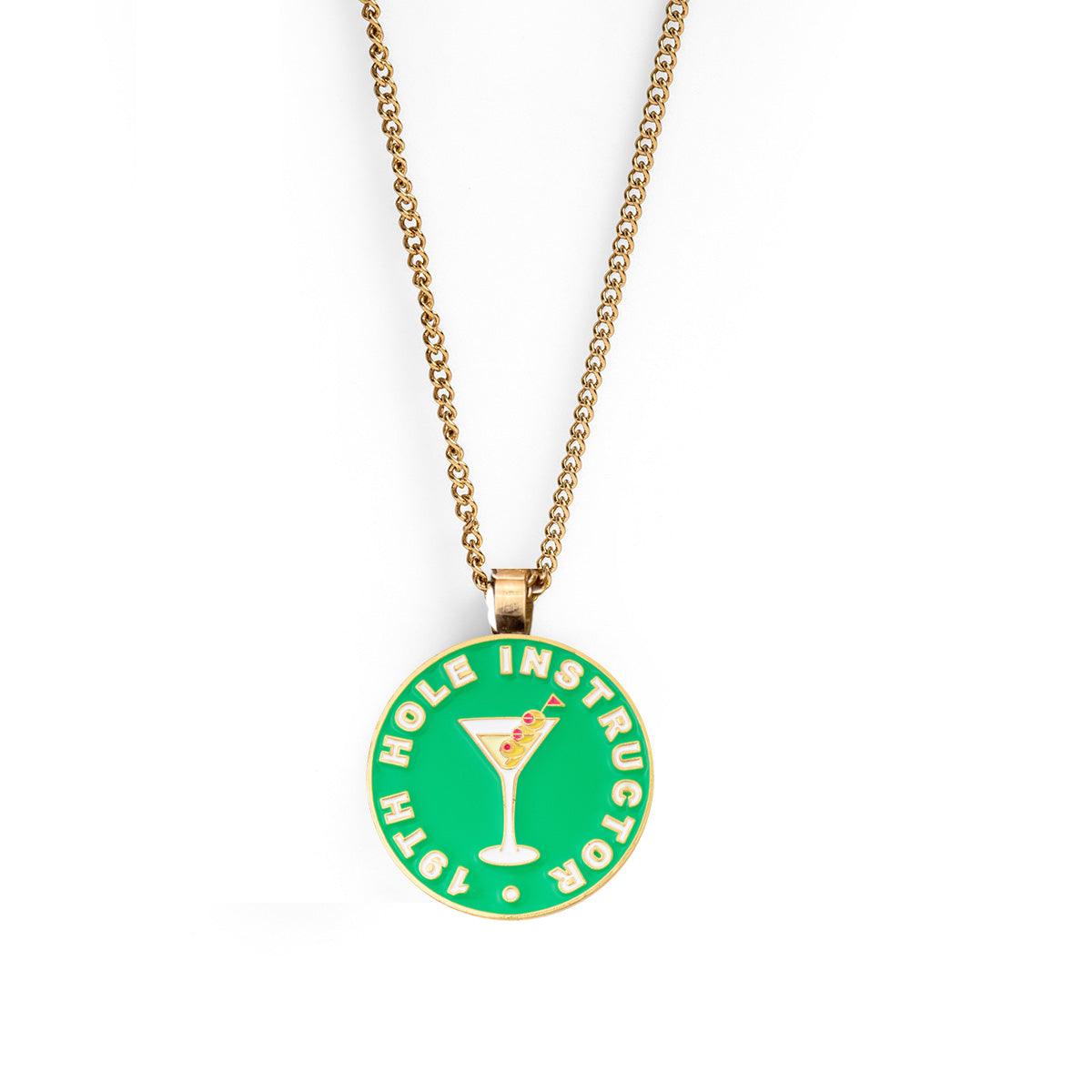 Ball Marker Necklaces in Gold w/Enamel Women's Golf Ball Marker Necklace with "19th Hole Instructor" Marker by Birdie Girl Golf, LLC