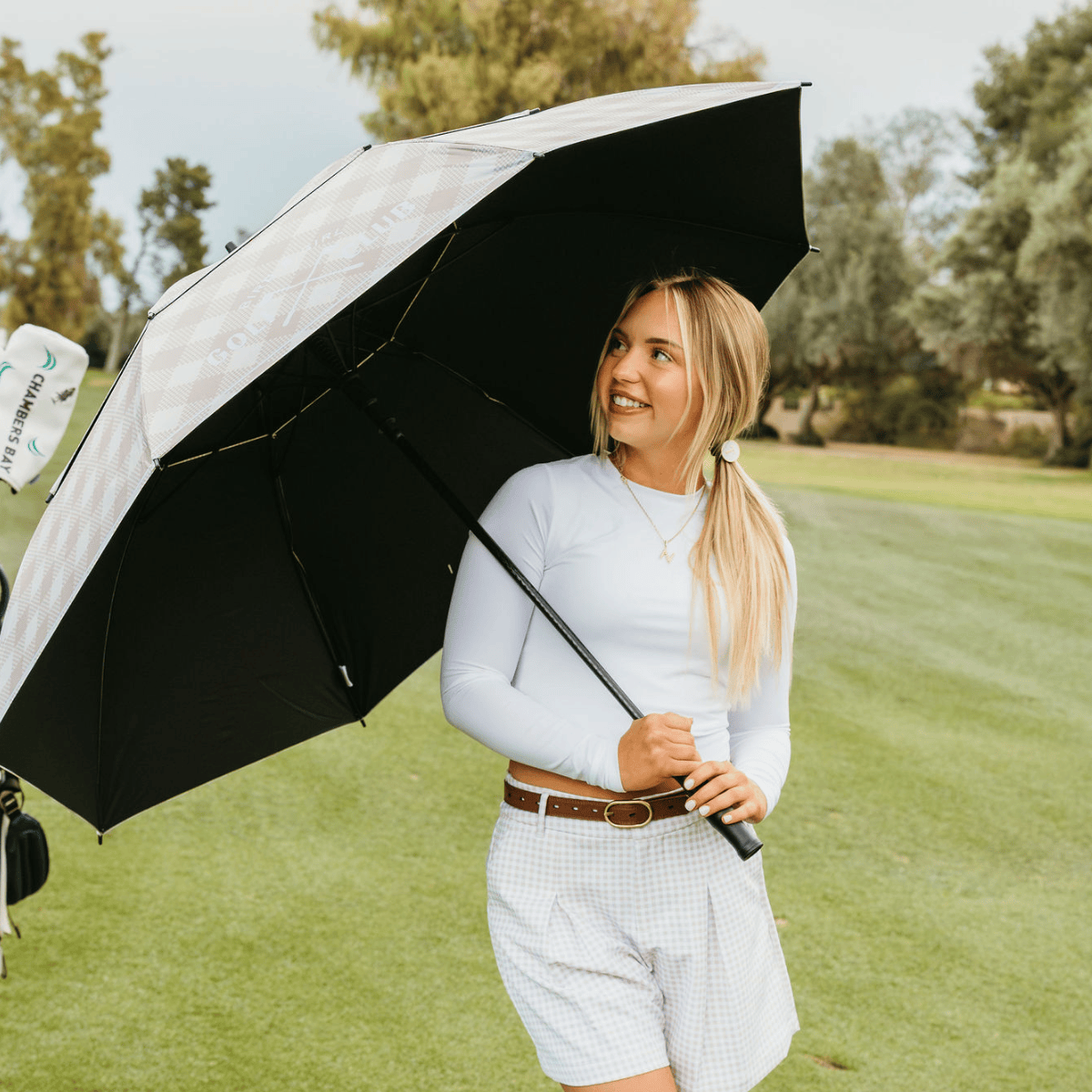 in Women’s Golf Umbrella – Neutral Gingham by Birdie Girl Golf