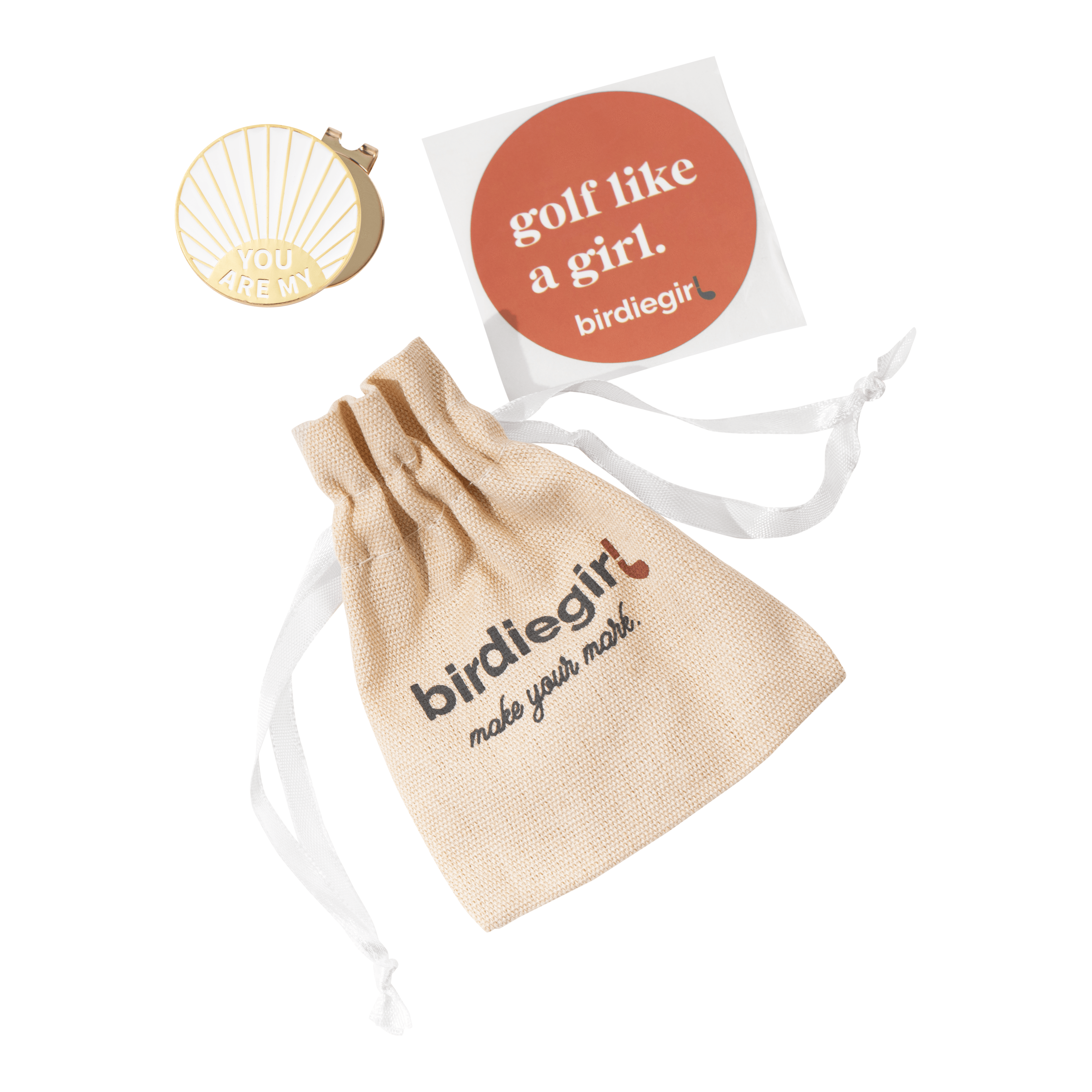 Golf Ball Markers in Gold and White You are My Sunshine Alignment Golf Ball Marker with Hat Clip by Birdie Girl Golf