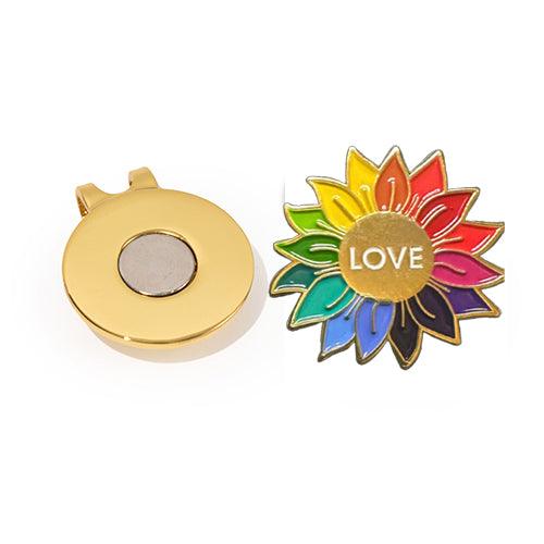 Golf Ball Markers in Gold Rainbow Love Sunflower Women's Golf Ball Marker with Hat Clip by Birdie Girl Golf