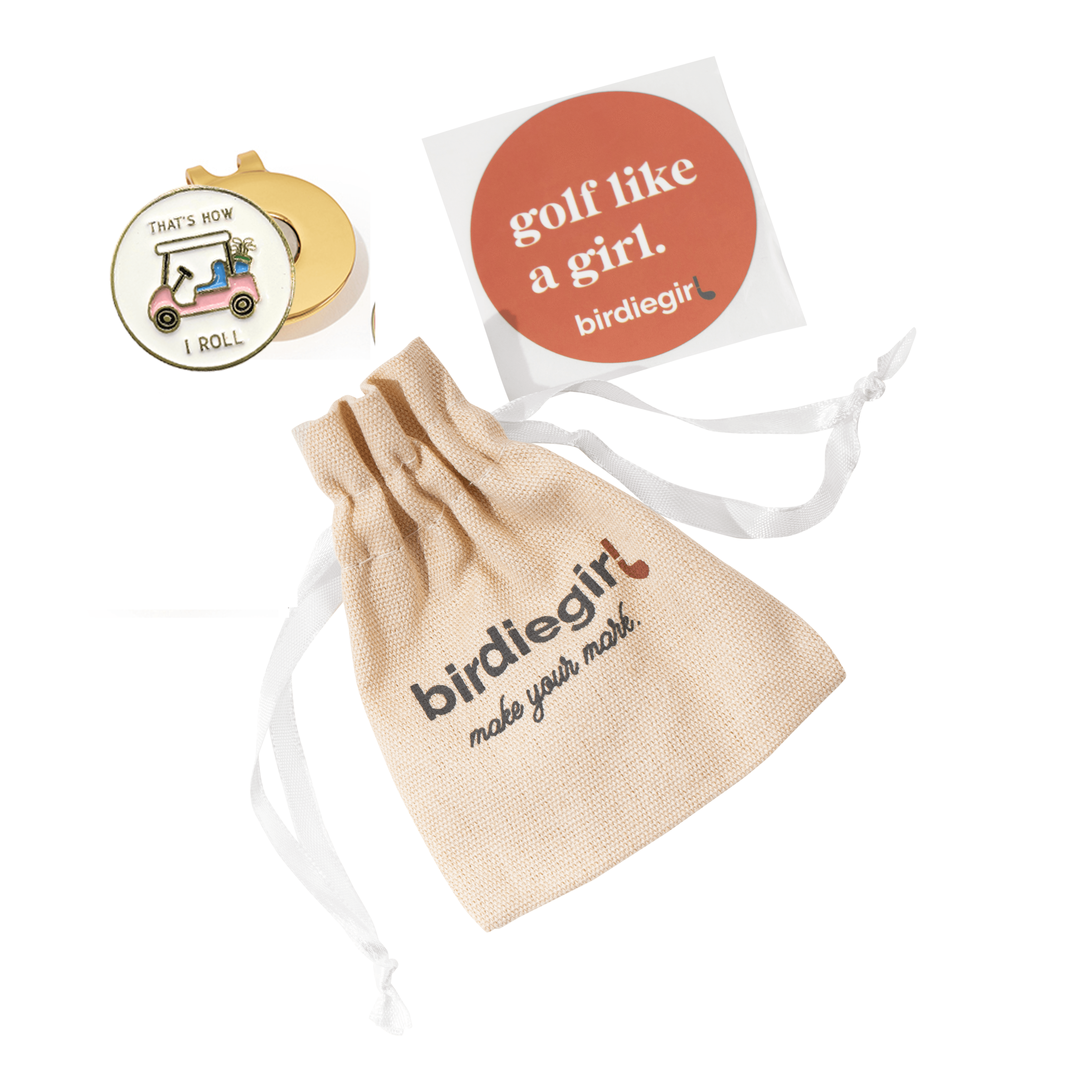 Golf Ball Markers in Gold That's How I Roll Women's Golf Ball Marker with Hat Clip by Birdie Girl Golf