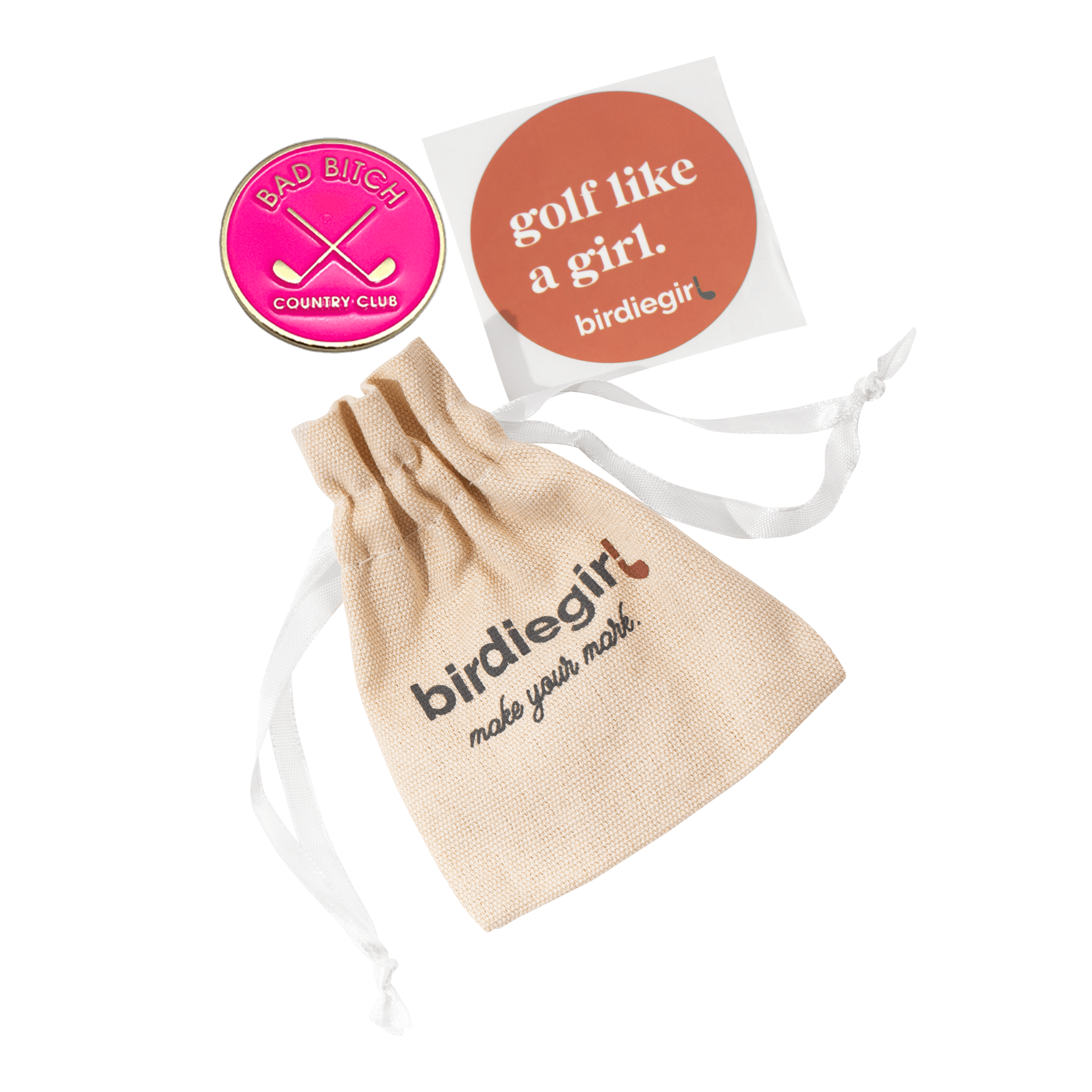 Golf Ball Markers in Pink and Gold Bad Bitch Country Club Women's Golf Ball Marker with Hat Clip by Birdie Girl Golf