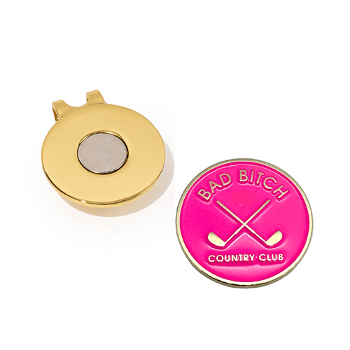 Golf Ball Markers in Pink and Gold Bad Bitch Country Club Women's Golf Ball Marker with Hat Clip by Birdie Girl Golf