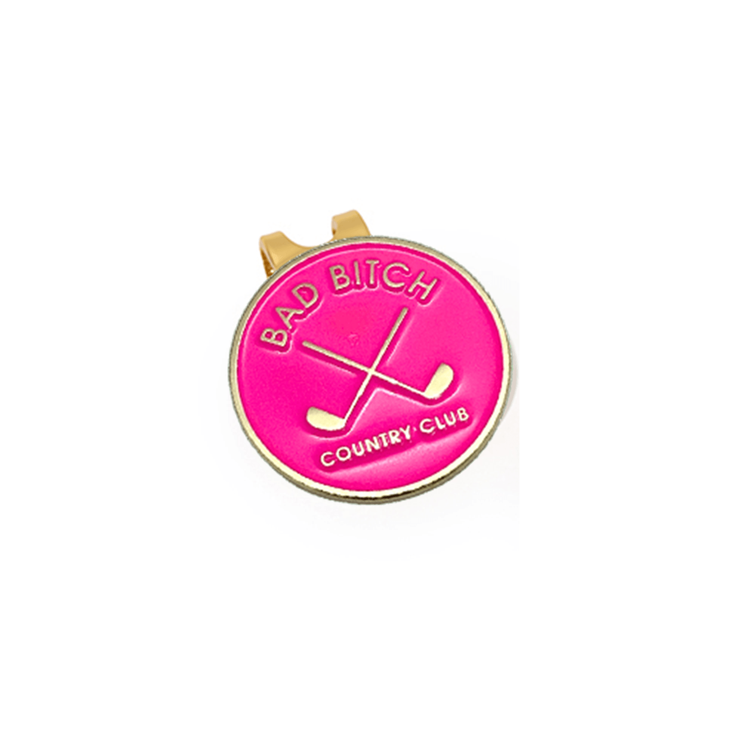 Golf Ball Markers in Pink and Gold Bad Bitch Country Club Women's Golf Ball Marker with Hat Clip by Birdie Girl Golf