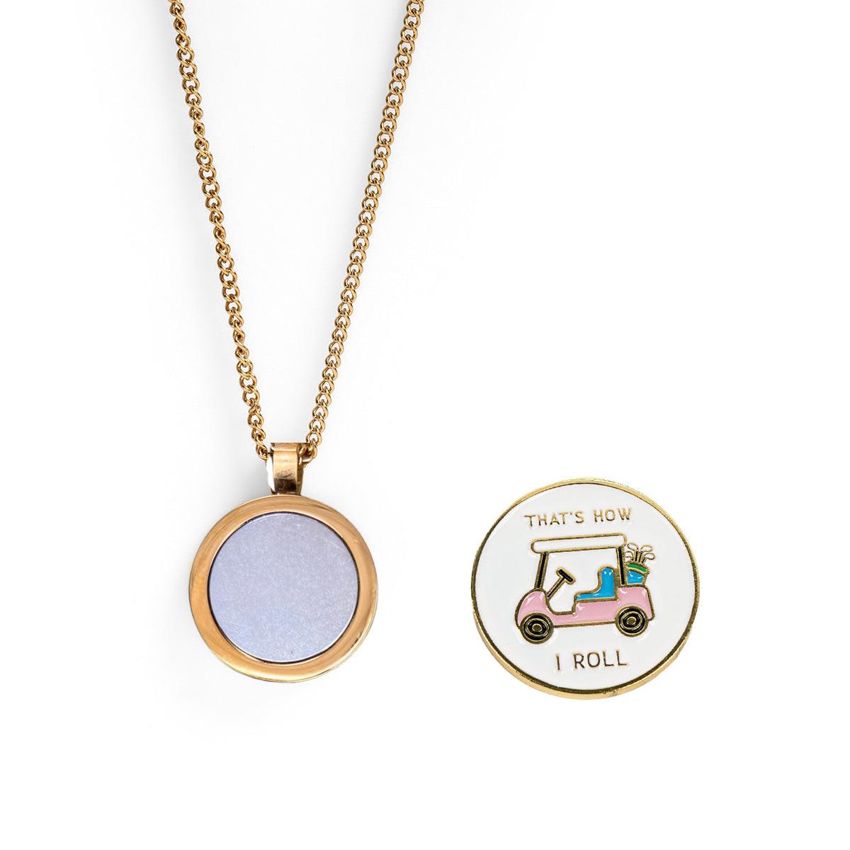 Ball Marker Necklaces in Gold That's How I Roll Golf Ball Marker Necklace by Birdie Girl Golf