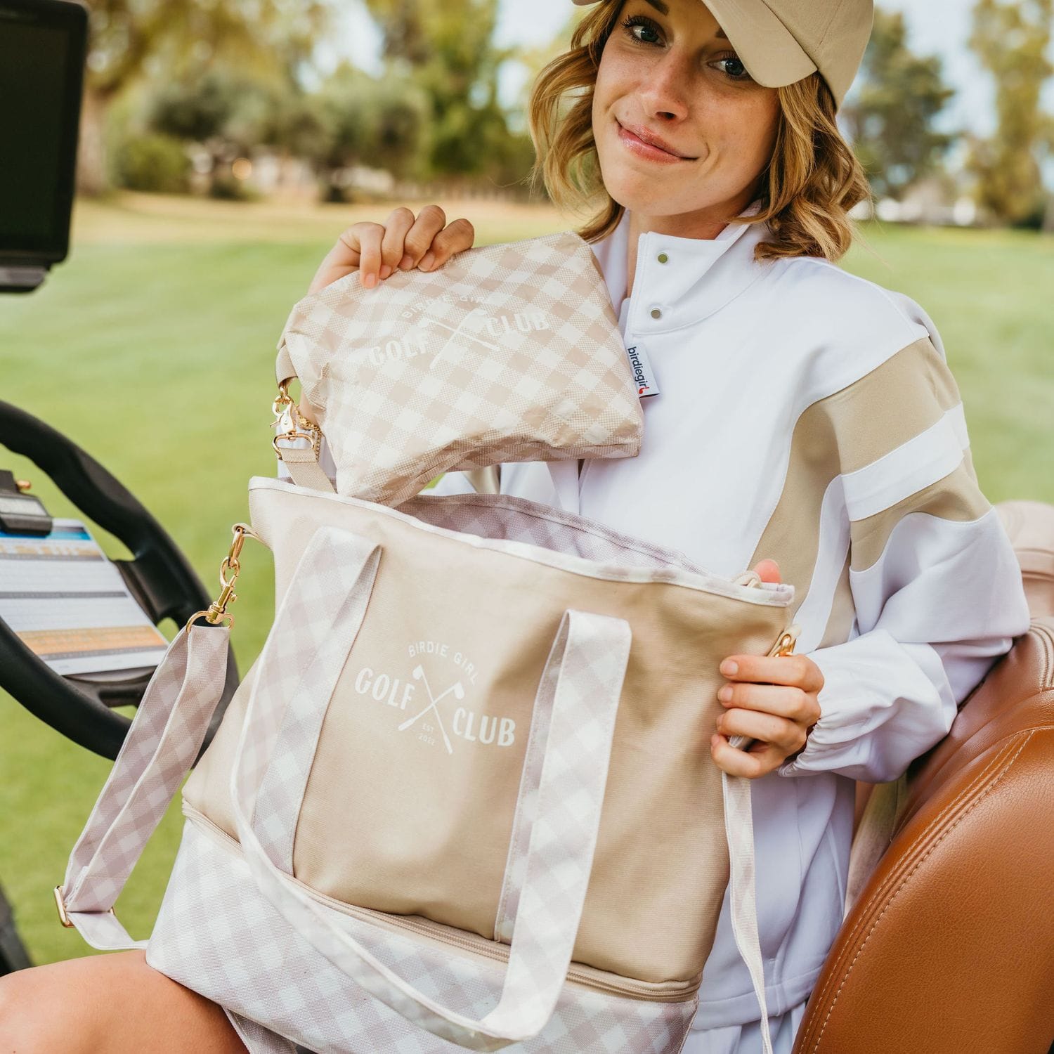 Golf Bags in Gingham Neutral Women's Golf Cart Tote Bag by Birdie Girl Golf