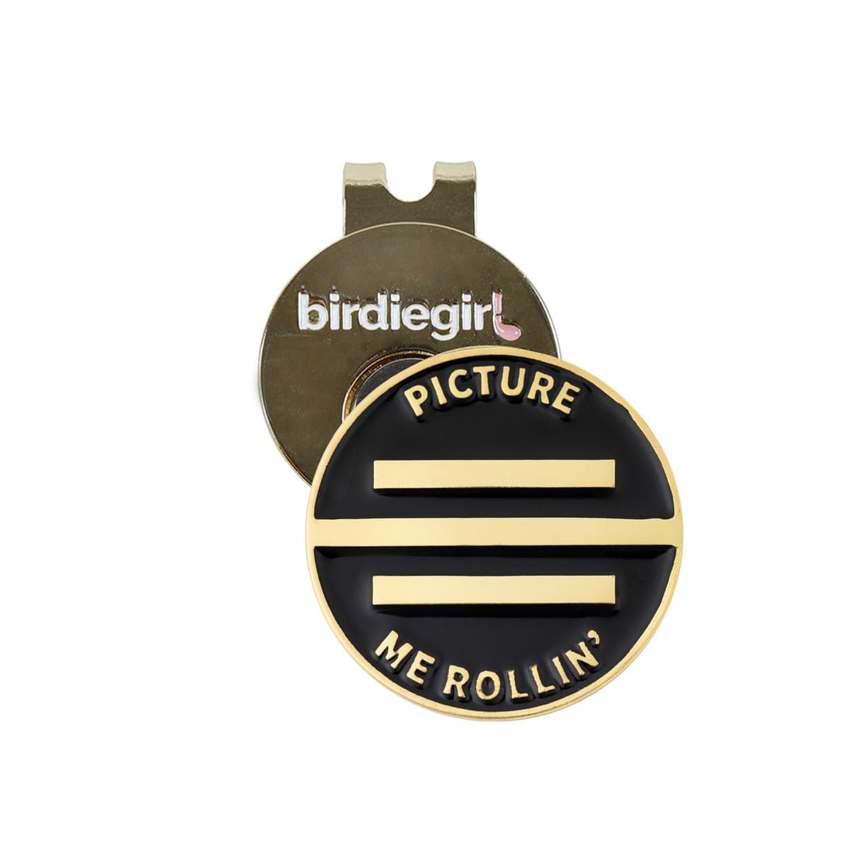 Golf Ball Markers in Gold and Black Picture Me Rollin' Alignment Golf Ball Marker with Hat Clip by Birdie Girl Golf
