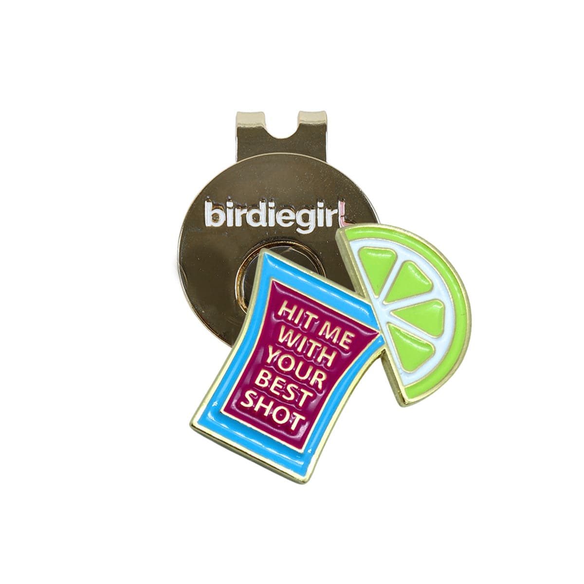 Golf Ball Markers in Gold Hit Me With Your Best Shot Women's Golf Ball Marker with Hat Clip by Birdie Girl Golf