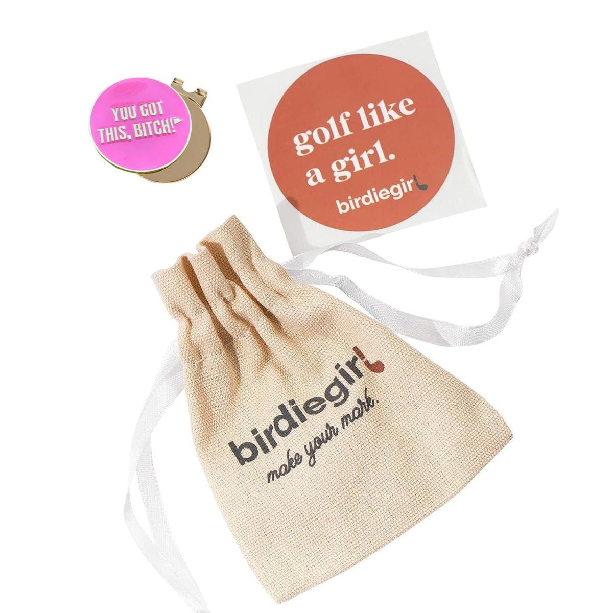 Golf Ball Markers in Gold/Pink You Got This, Bitch! Women's Golf Ball Marker with Hat Clip by Birdie Girl Golf