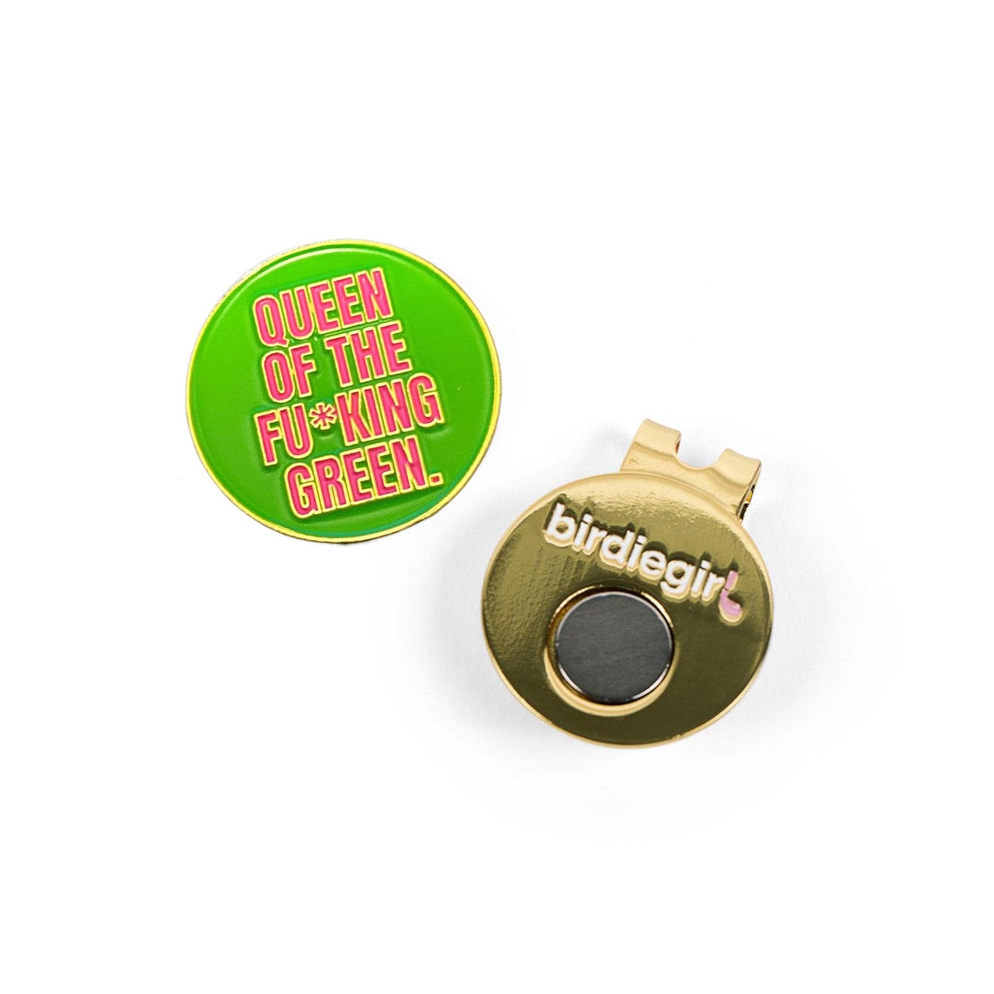 Golf Ball Markers in Gold Queen of the Fu*king Green Women's Golf Ball Marker with Hat Clip by Birdie Girl Golf