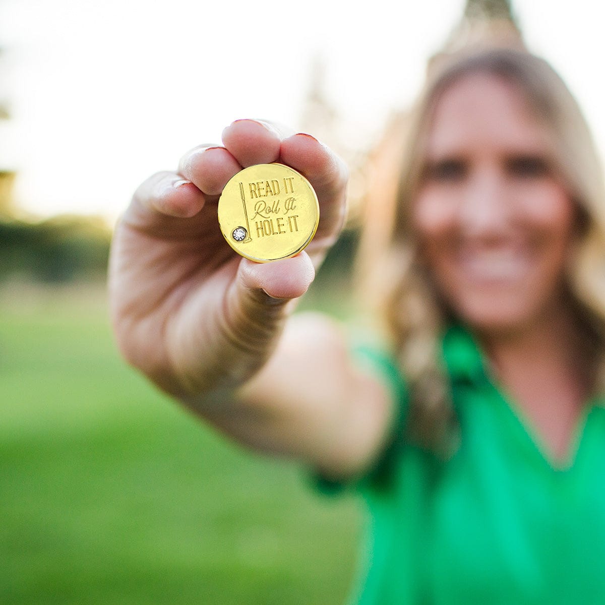 Golf Ball Markers in Gold Read it, Roll it, Hole it Golf Ball Marker with Hat Clip by Birdie Girl Golf