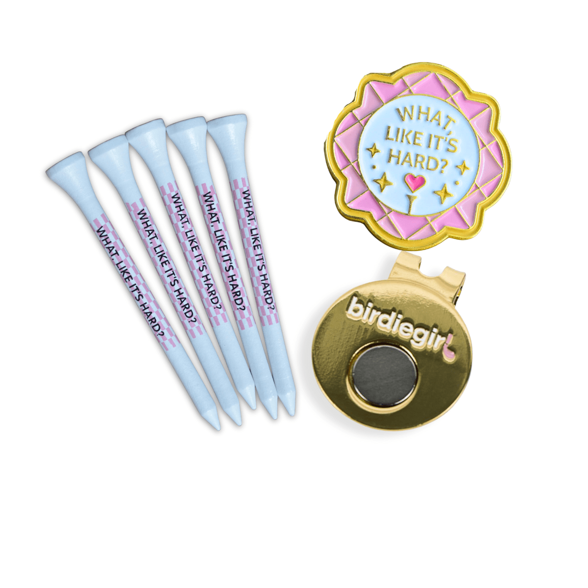 Golf Ball Markers in What, Like It’s Hard? Ball Marker + Hat Clip + Tee Set by Birdie Girl Golf