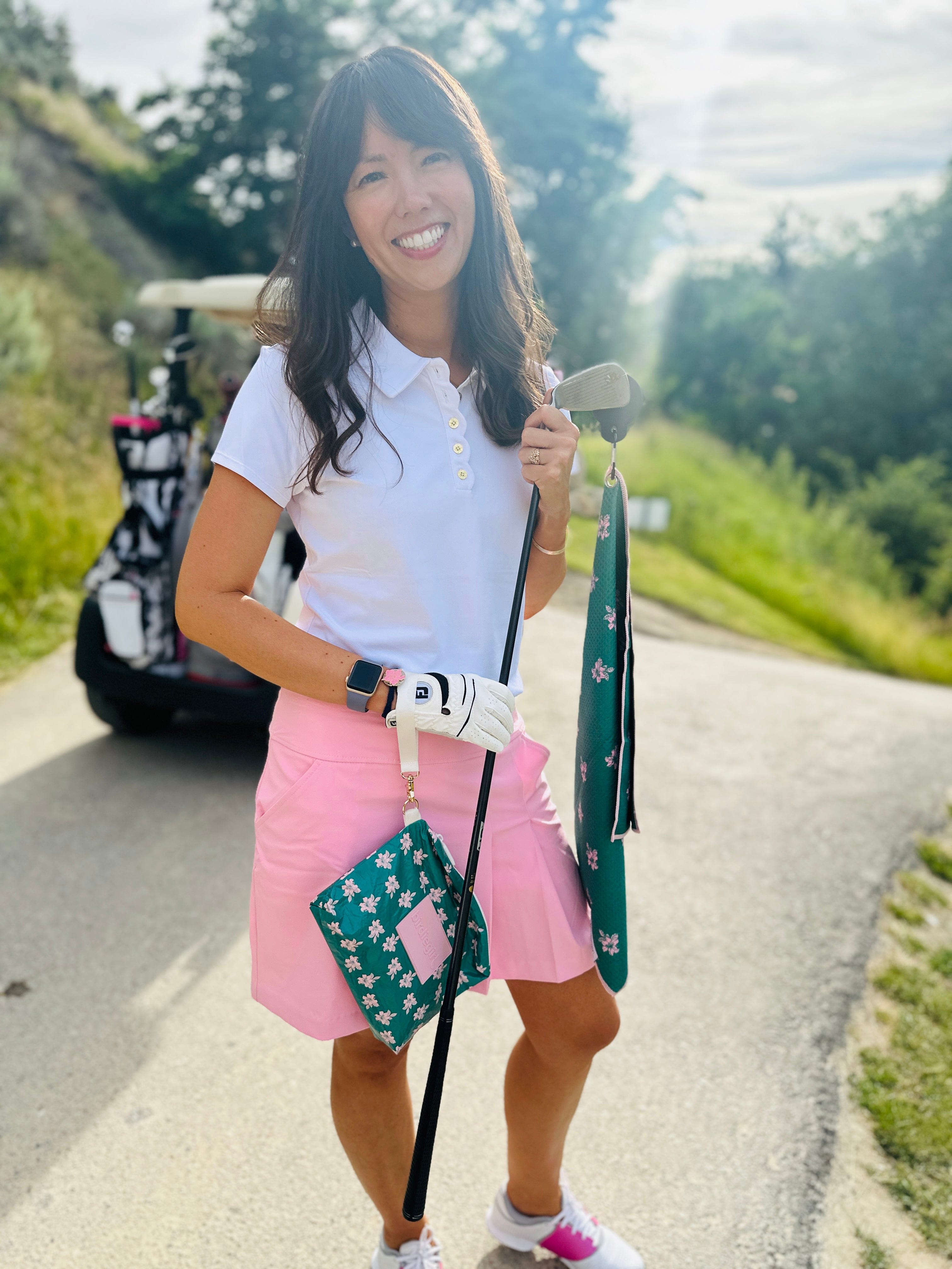 Magnetic Towels in Set of 2: Augusta Azalea Magnetic Golf Towel and Golf Accessory Bag by Birdie Girl Golf