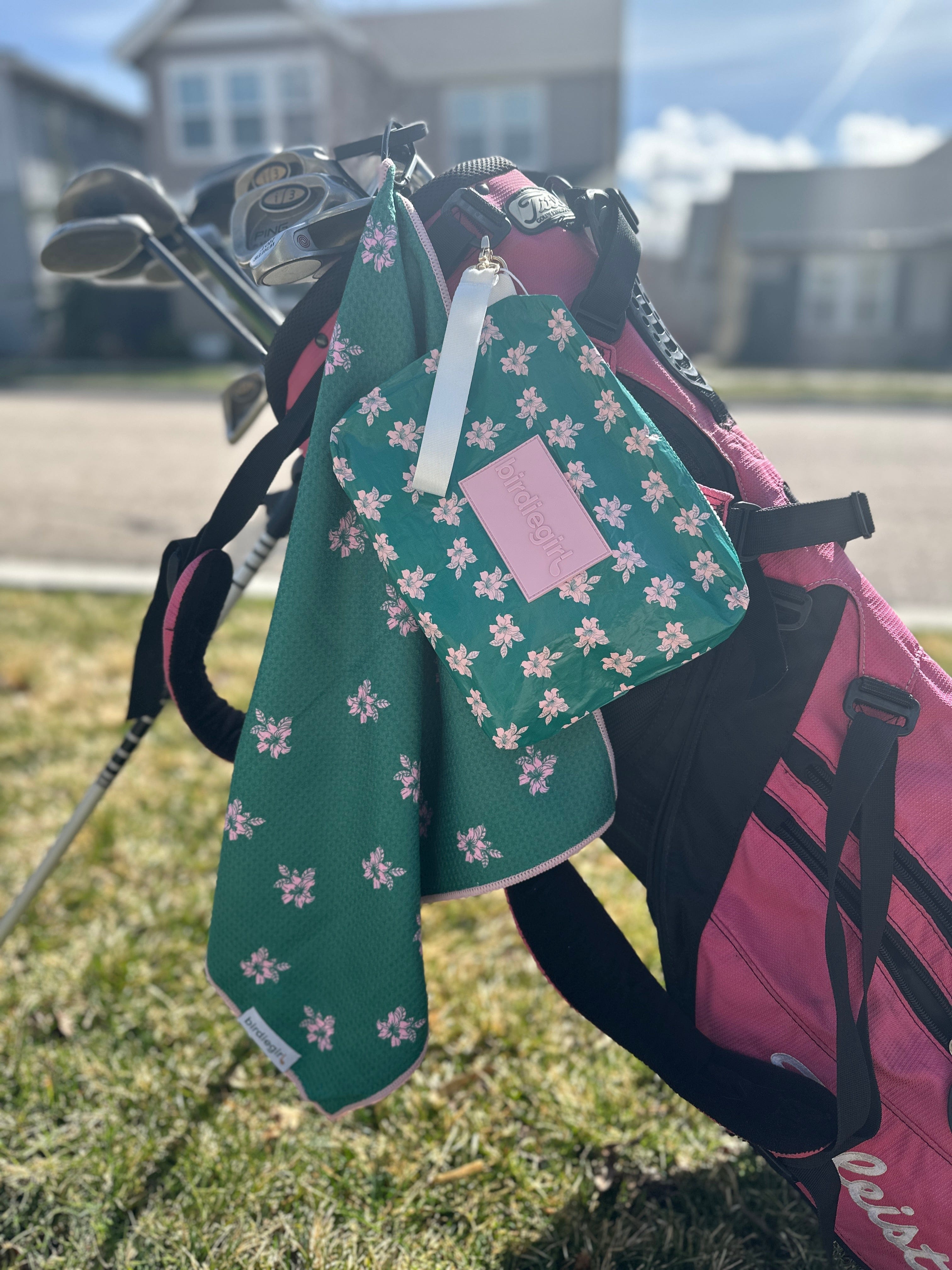 Magnetic Towels in Set of 2: Augusta Azalea Magnetic Golf Towel and Golf Accessory Bag by Birdie Girl Golf