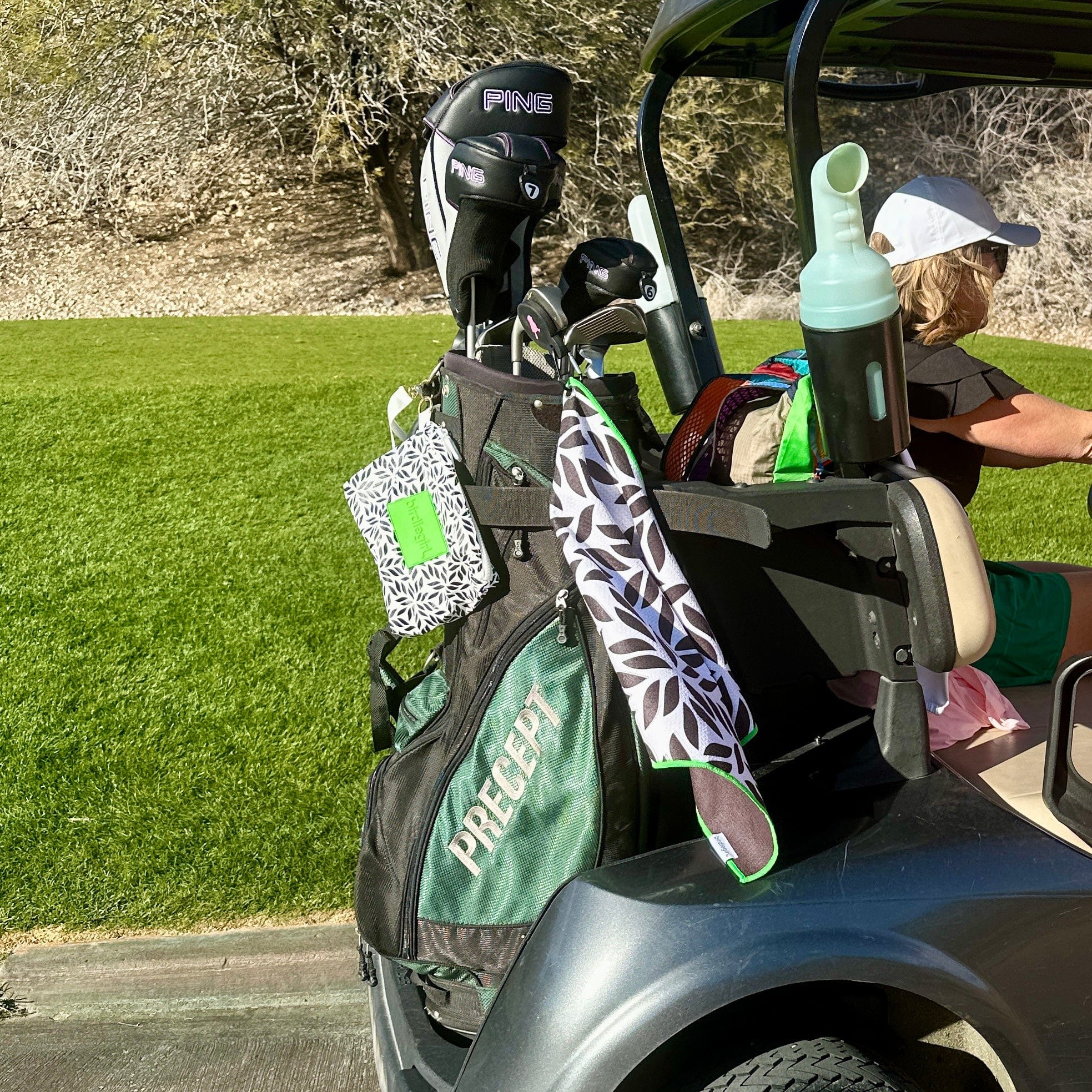 Magnetic Towels in Set of 2: Putt from the Fringe Magnetic Golf Towel and Golf Accessory Bag by Birdie Girl Golf