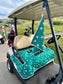 Golf cart is protected with the pink and green golf cart seat cover