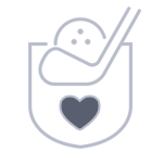 Logo with a heart symbol and a golf ball on a white background