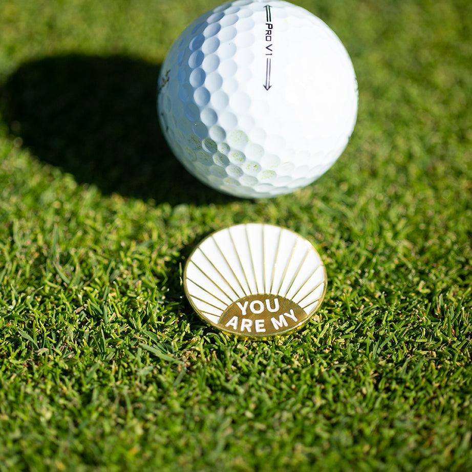 Golf Ball Markers in Gold and White You are My Sunshine Alignment Golf Ball Marker with Hat Clip by Birdie Girl Golf