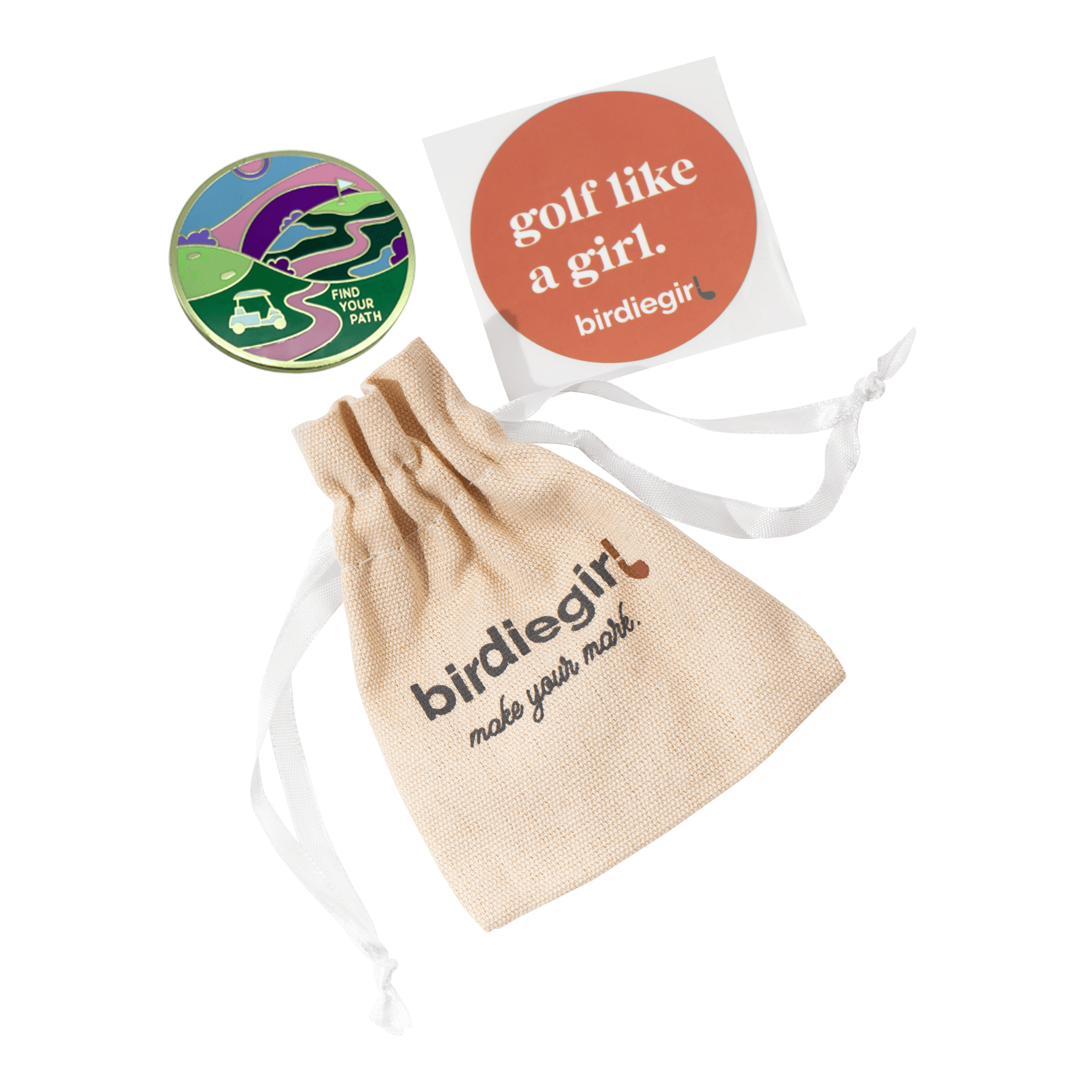 Golf Ball Markers in Gold Find Your Path Women's Golf Ball Marker with Hat Clip by Birdie Girl Golf