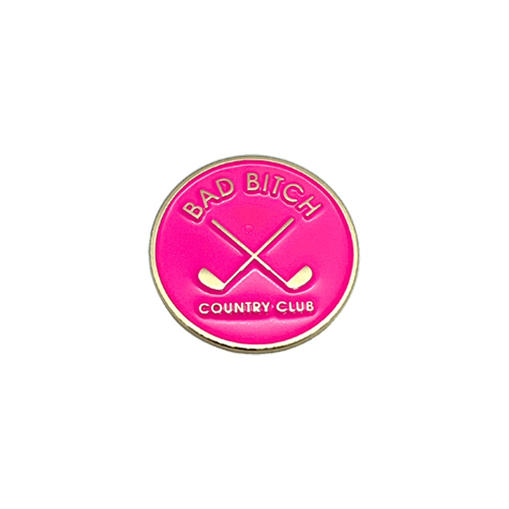 Golf Ball Markers in Pink and Gold Bad Bitch Country Club Women's Golf Ball Marker with Hat Clip by Birdie Girl Golf